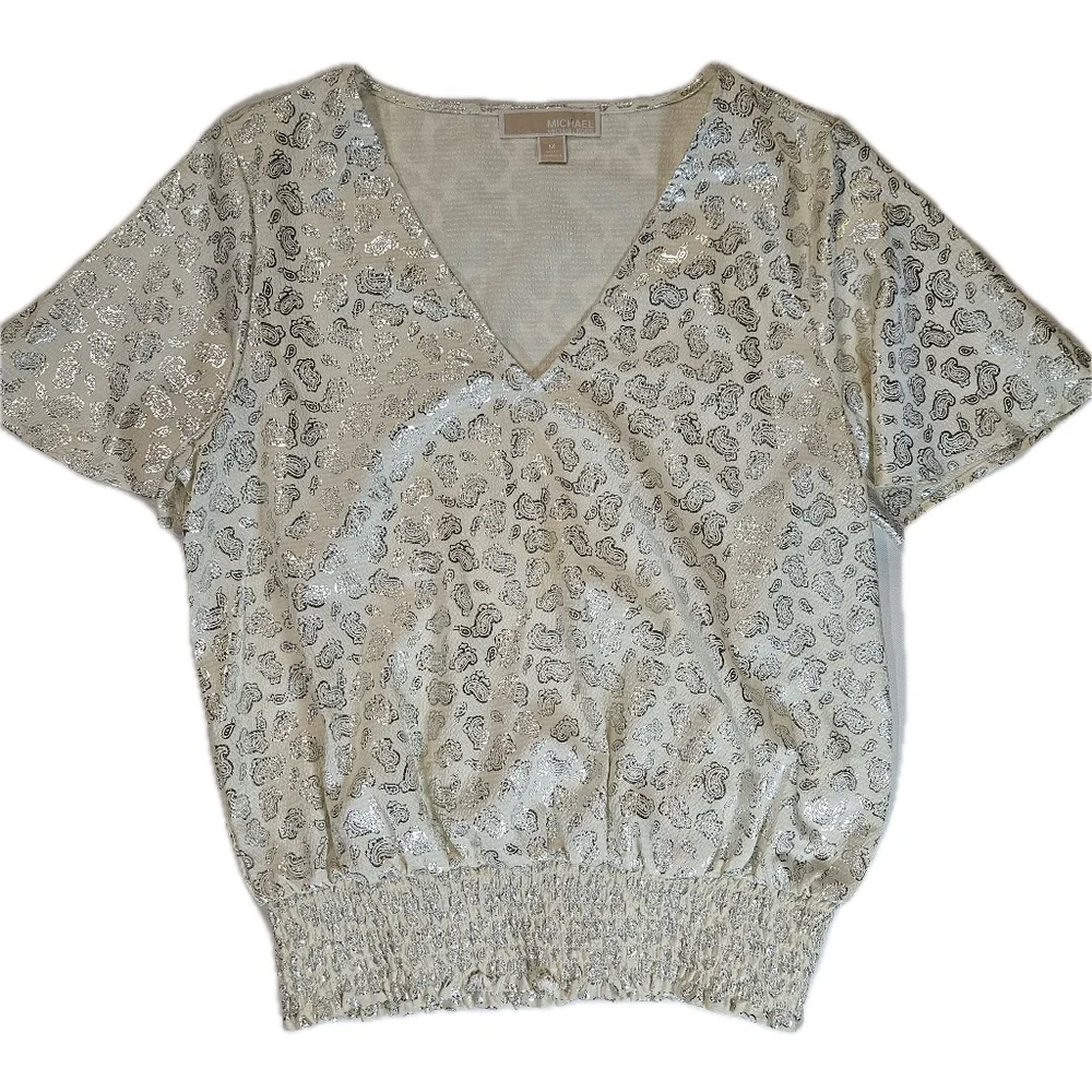 Michael Kors Top Womens Medium Silver Glitter Paisley Short Sleeve Pullover - Picture 1 of 8